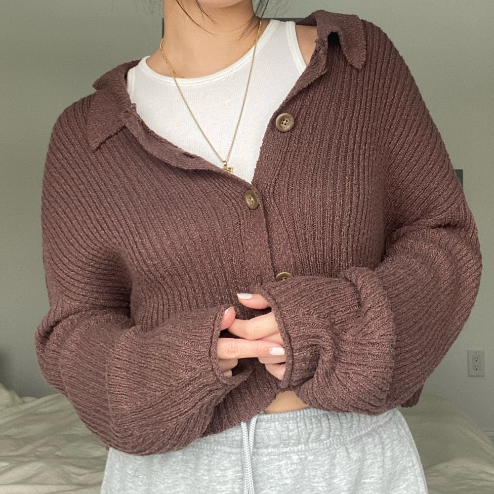 Urban Outfitters Brown Cropped Collared Cardigan